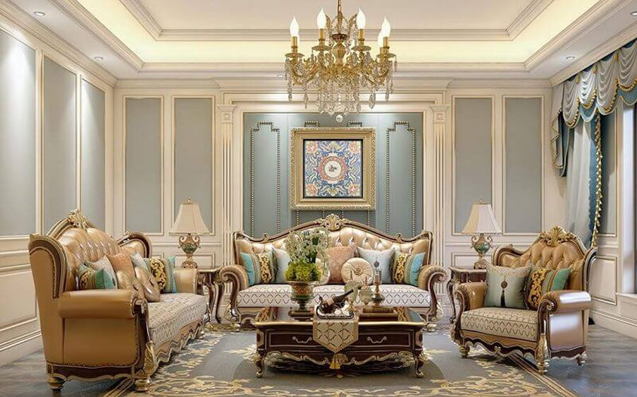 Phòng khách biệt thự phong cách cổ điển với trần cao, đèn chùm pha lê và bộ sofa chạm khắc tinh xảo