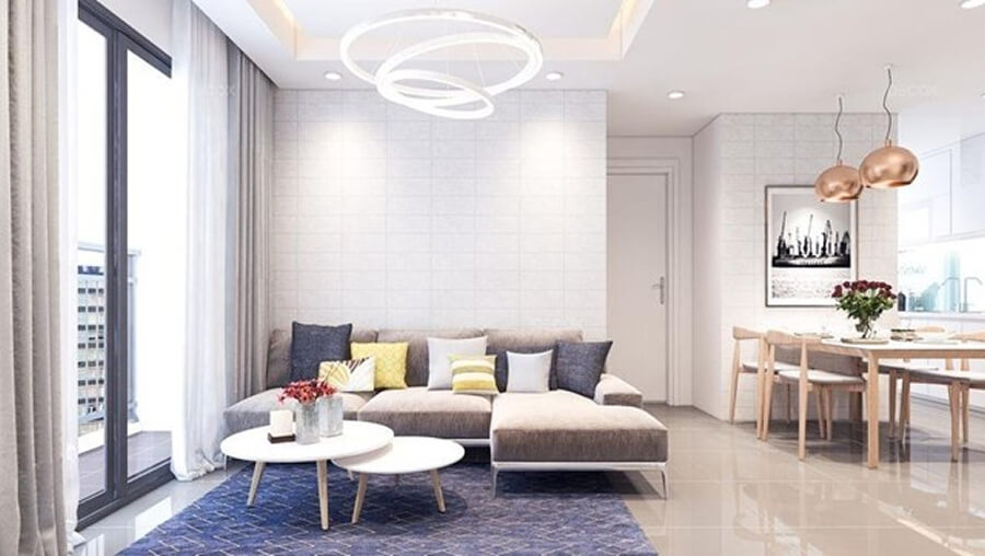 Không gian phòng khách liền bếp cho căn hộ chung cư, tạo cảm giác thông thoáng và tiện nghi khi sử dụng
