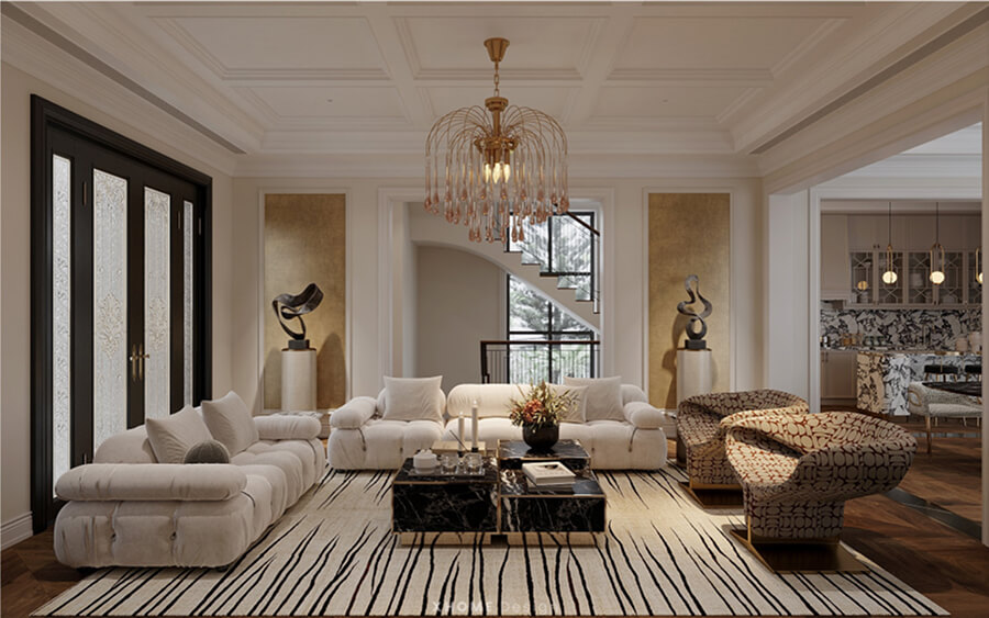 Tổng thể biệt thự nội thất luxury mang vẻ đẹp thời thượng, chú trọng từng chi tiết và cảm giác xa hoa hoàn mỹ