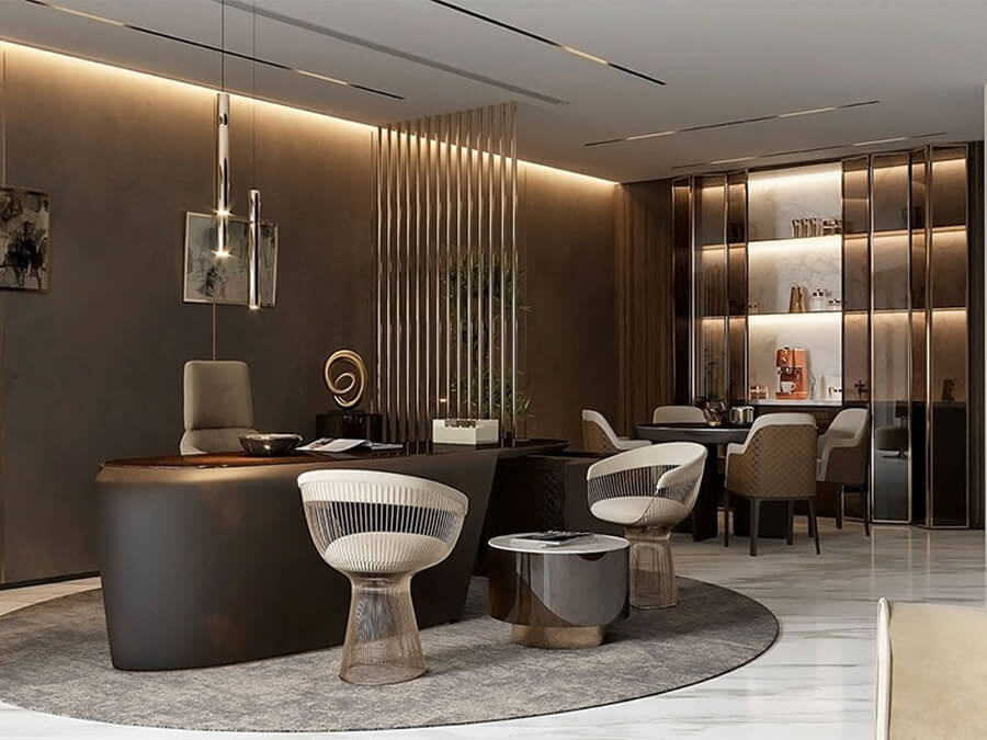 Phòng giám đốc thiết kế luxury với bàn làm việc gỗ óc chó, ghế da cao cấp và tủ kính tinh tế