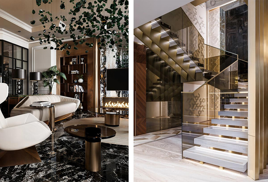 Phòng khách biệt thự phong cách luxury với sofa da cao cấp, đèn chùm pha lê và vách đá ốp sang trọng