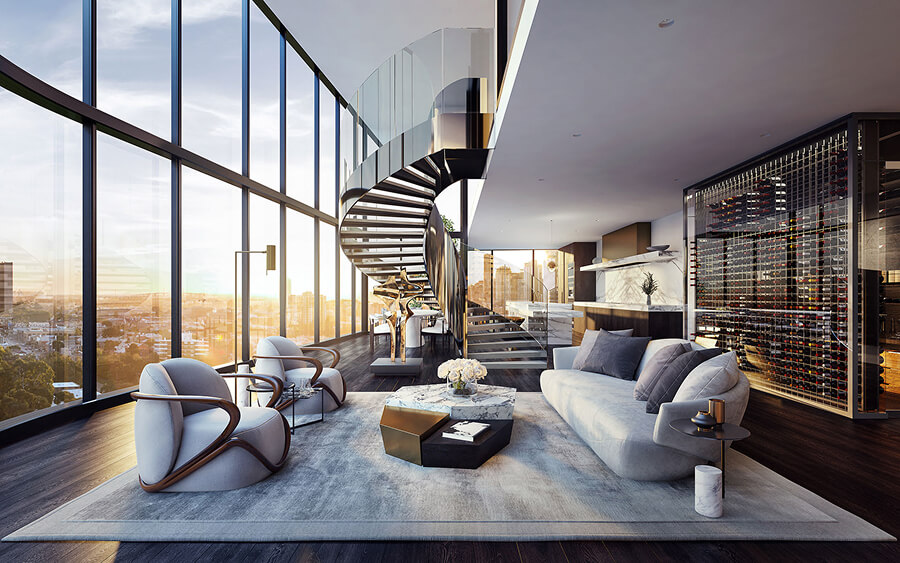 Phòng khách penthouse với trần cao, cửa kính toàn phần và nội thất cao cấp như sofa da, tủ kính sang trọng