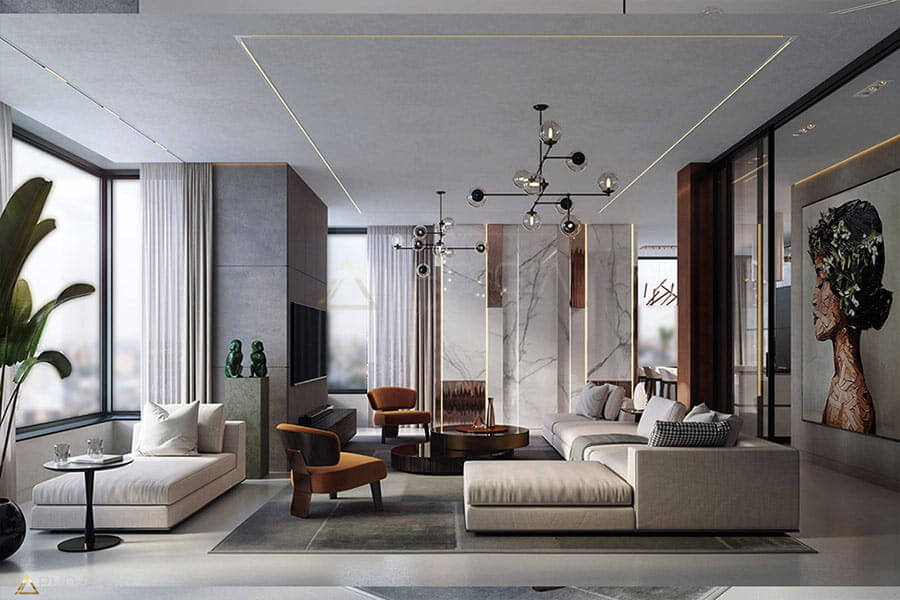 Thiết kế nội thất chung cư penthouse sử dụng vật liệu sang trọng như đá marble, gỗ óc chó và kim loại mạ vàng