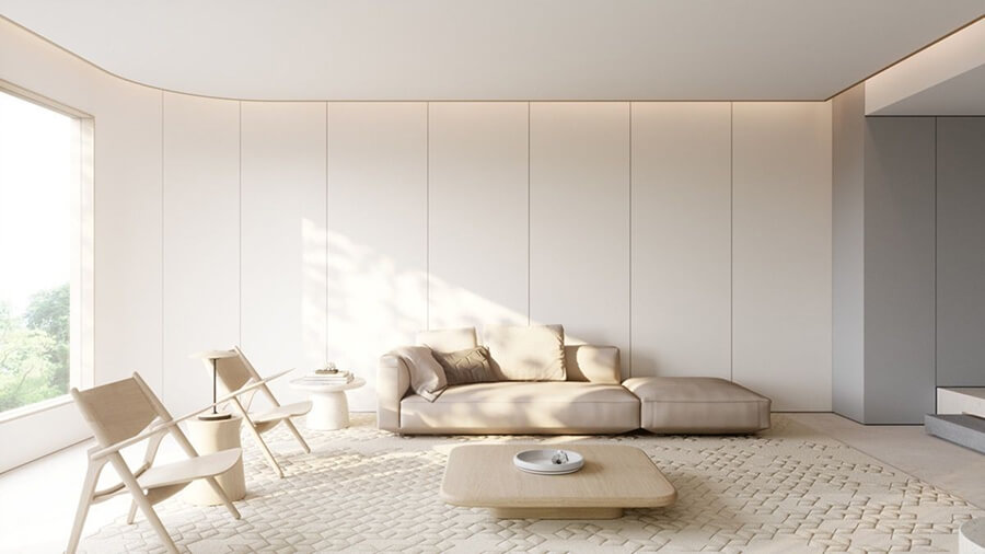 Phòng khách biệt thự tối giản với nội thất ít chi tiết, sử dụng ghế sofa vải trung tính và tường trơn không họa tiết
