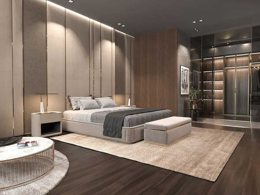 Thiết kế nội thất phòng ngủ hiện đại tối giản, sử dụng vật liệu cao cấp và hệ đèn led âm trần sang trọng