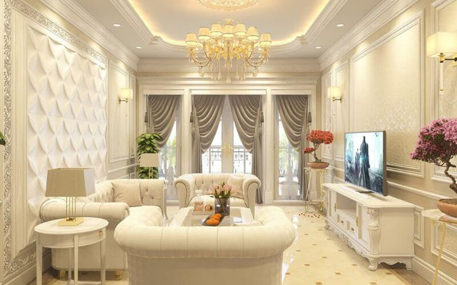 Phòng khách biệt thự tân cổ điển với trần giật cấp, đèn chùm pha lê và bộ sofa bọc nhung sang trọng