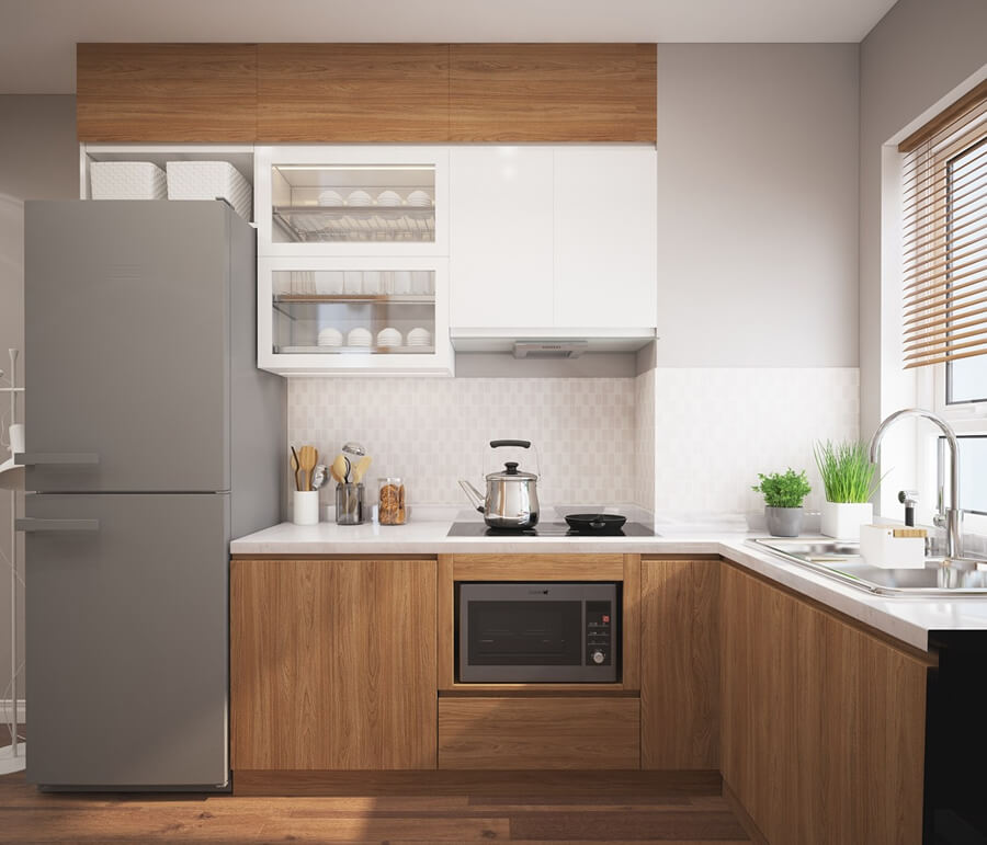 Thiết kế bếp nhỏ đẹp, tận dụng ánh sáng tự nhiên qua cửa sổ và dùng màu trung tính giúp không gian thoáng sáng