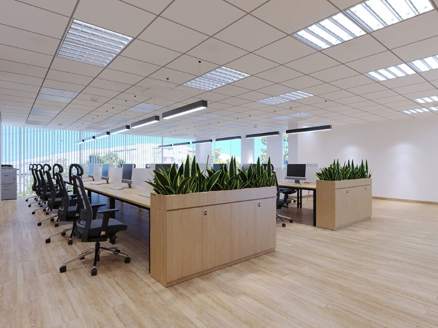 Văn phòng 80–100m² với thiết kế tối giản,bàn gỗ và ánh sáng tự nhiên từ cửa kính lớn