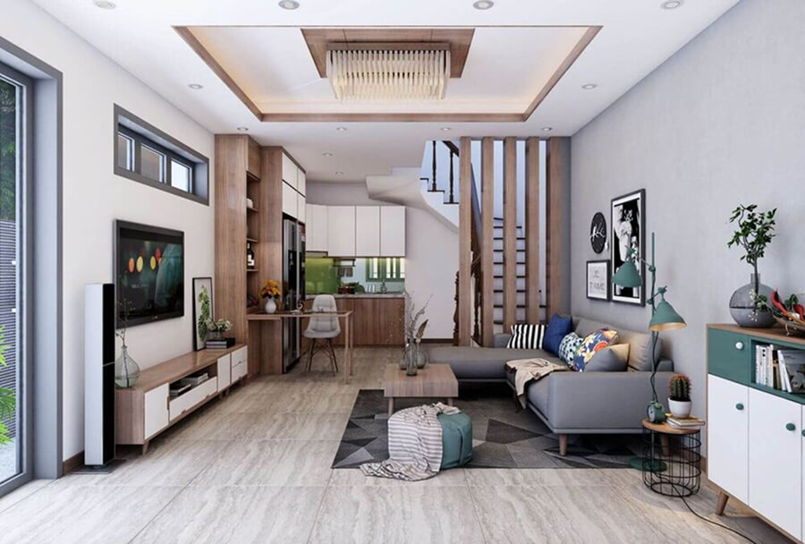 Thiết kế phòng khách nhà ống 5m mặt tiền, sử dụng giếng trời và cửa kính lớn giúp lấy sáng hiệu quả