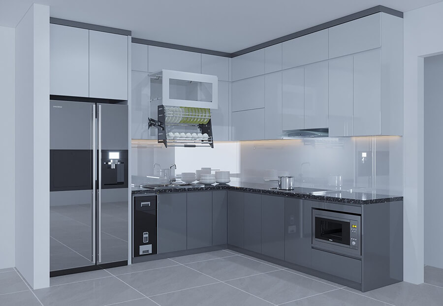 Phòng bếp hiện đại sử dụng tủ bếp inox sáng bóng, mặt đá granite đen tạo điểm nhấn sang trọng