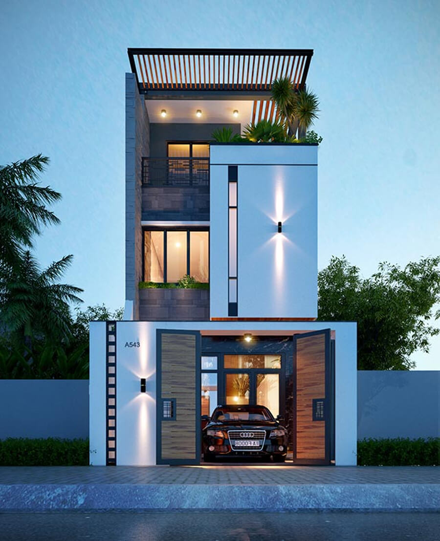 Thiết kế nhà ống 2 tầng đẹp với gara ô tô trong nhà, bố trí hợp lý và đảm bảo sự thông thoáng