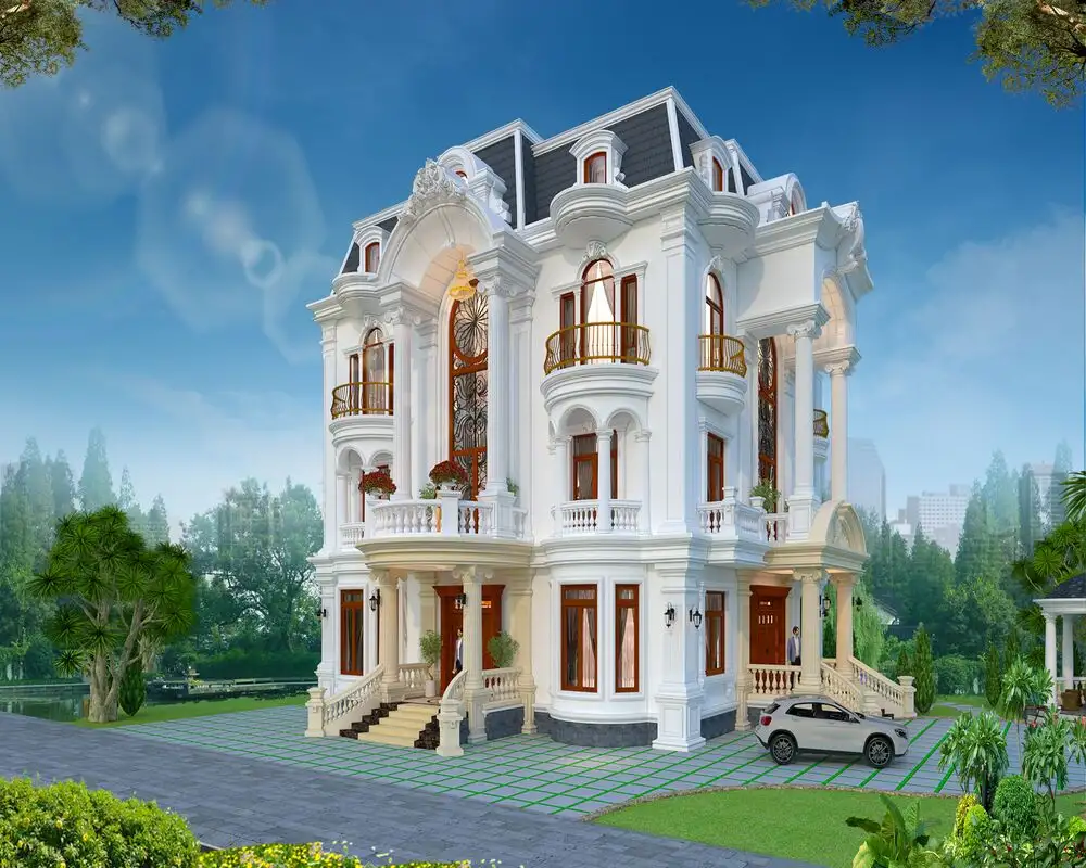 Mẫu biệt thự 4 tầng đẹp với mái Mansard bền vững và sang trọng.