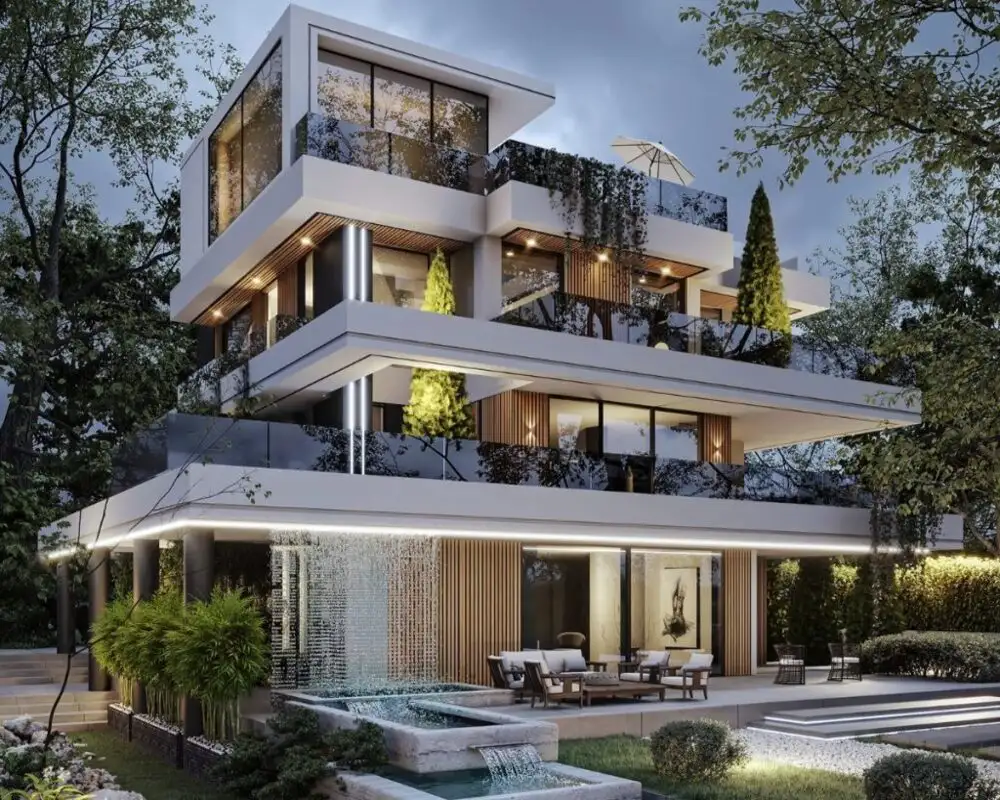 Thiết kế biệt thự 4 tầng với hồ cá, tiểu cảnh và không gian thư giãn.