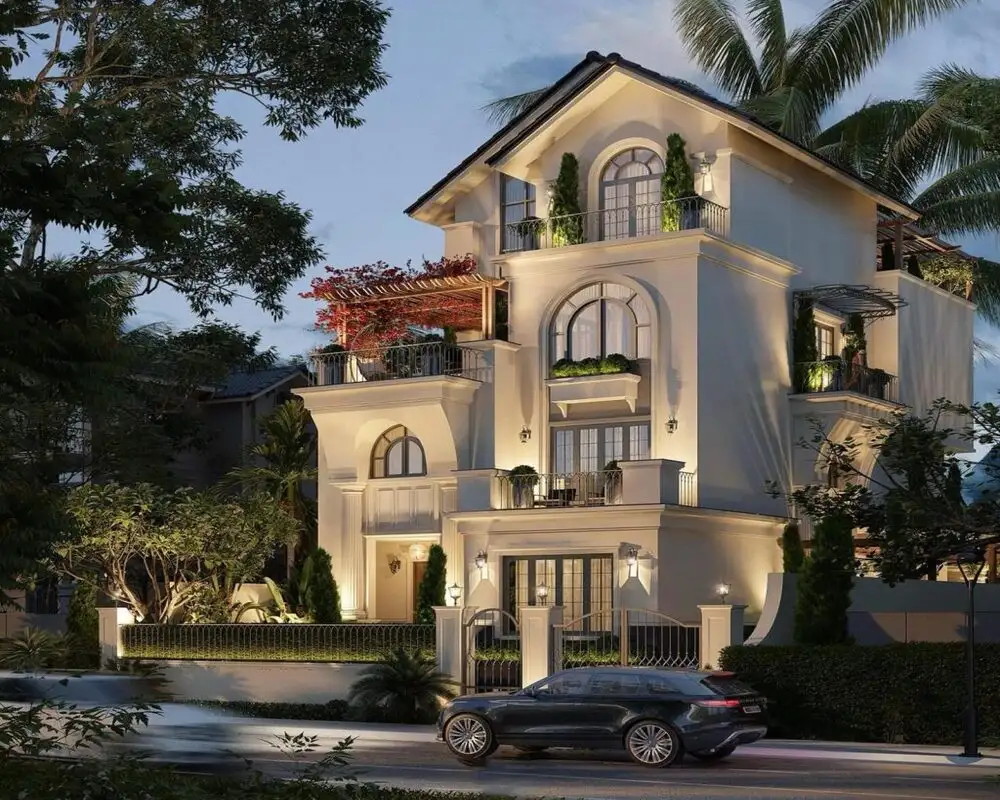 Mẫu nhà biệt thự mái Thái với mặt tiền rộng, thoáng sáng.