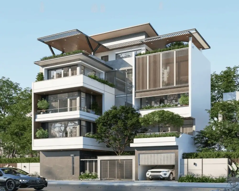 Biệt thự đẹp mái bằng kết hợp không gian xanh ngoài trời.