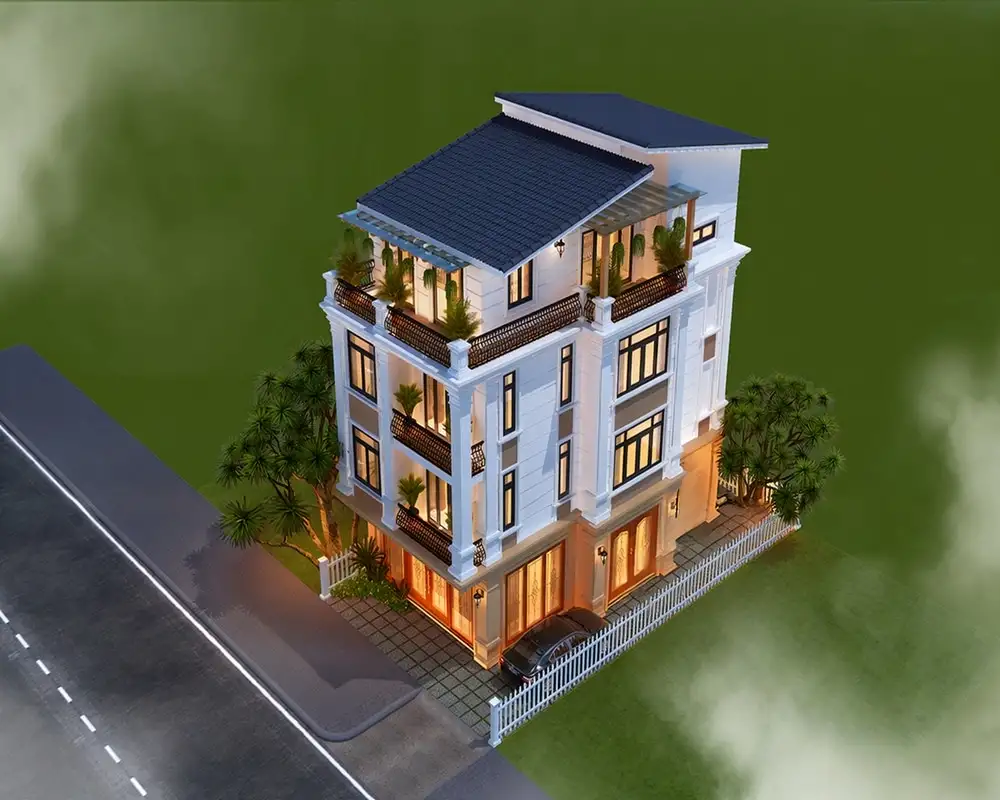 Mẫu nhà biệt thự 4 tầng mái lệch kết hợp không gian mở thoáng sáng.