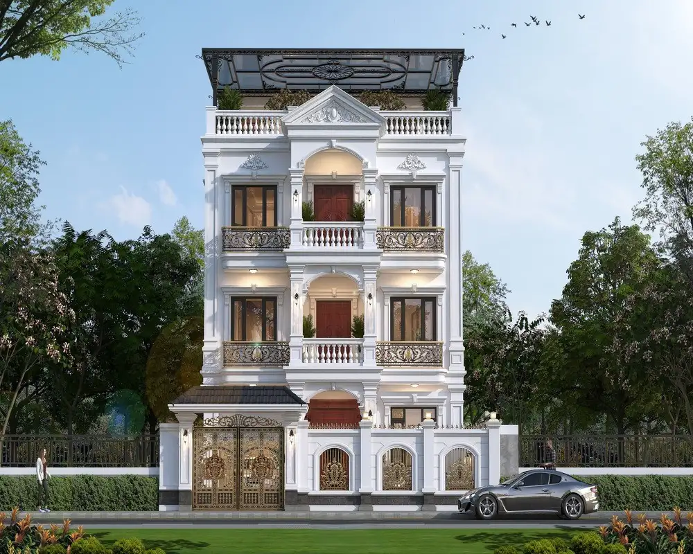 Thiết kế biệt thự 4 tầng tân cổ điển nổi bật với gam màu trắng thanh lịch.