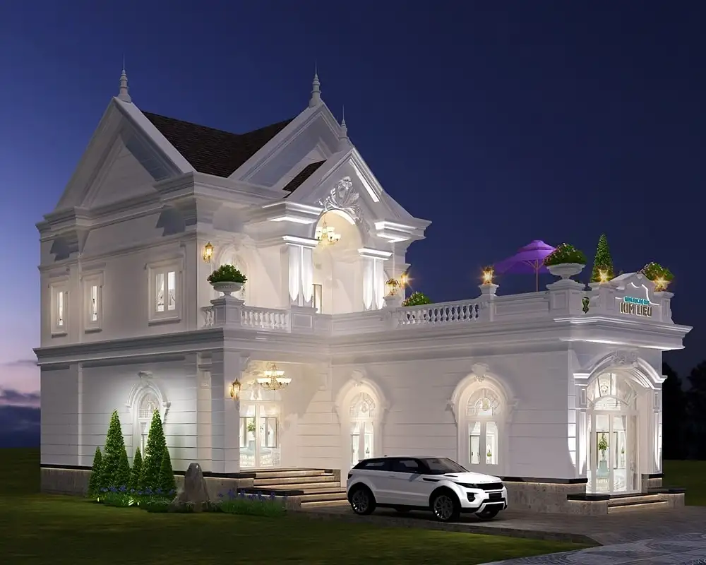 Biệt thự lâu đài 2 tầng tân cổ điển với gam màu trắng – vàng sang trọng