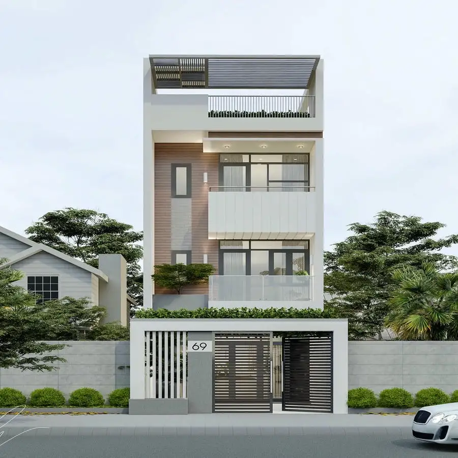 Thiết kế nhà ống 4 tầng đẹp với ban công trồng cây.