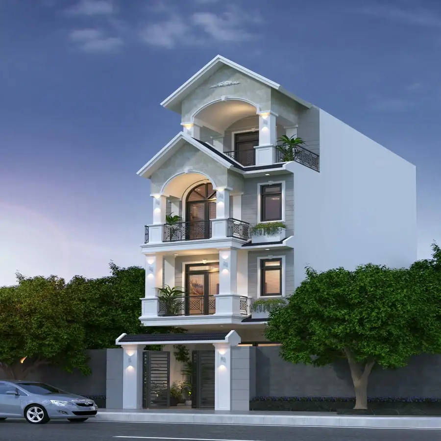 Nhà ống 4 tầng hiện đại với mái Thái thanh thoát.