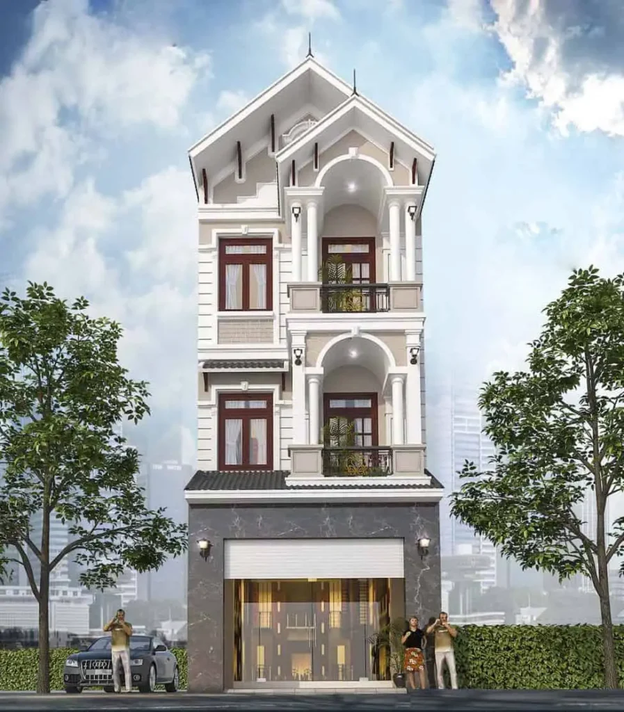 Mẫu nhà ống 4 tầng đẹp kết hợp mái Thái cao cấp.