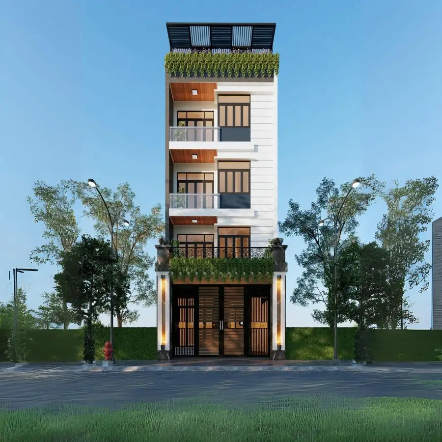 Thiết kế nhà ống 4 tầng đẹp với sân thượng xanh mát.