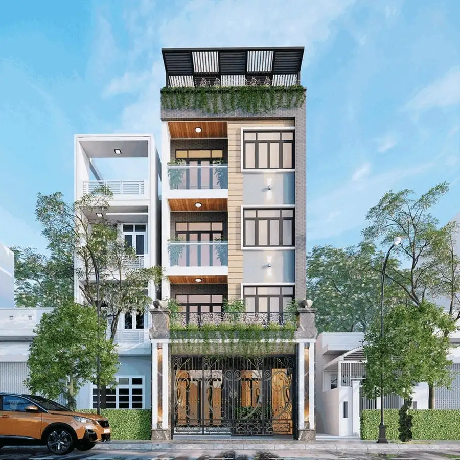 Nhà ống 4 tầng mái bằng phong cách trẻ trung.