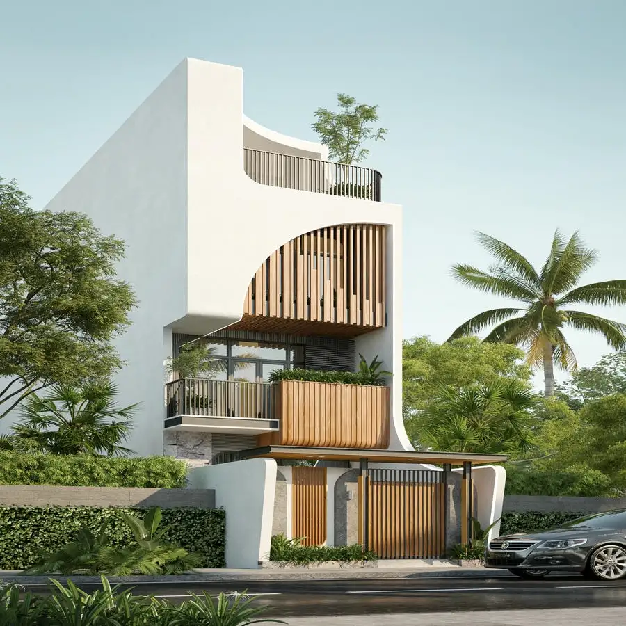 Thiết kế nhà ống 4 tầng đẹp mái lệch độc đáo.