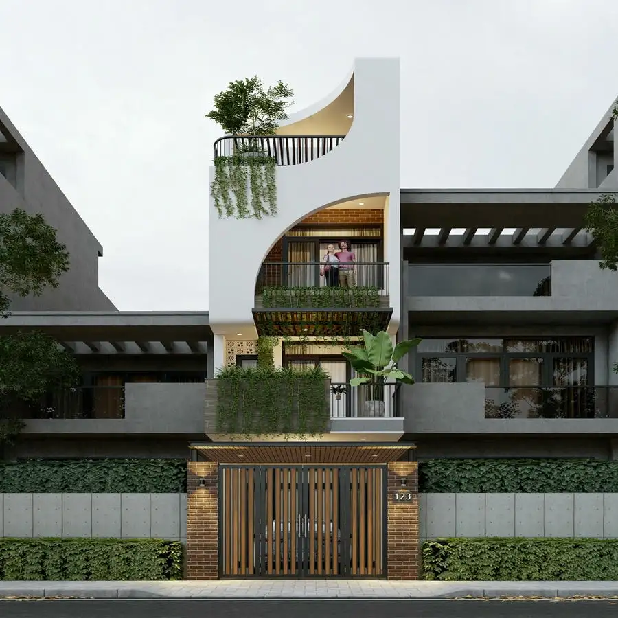 Mẫu thiết kế nhà ống 4 tầng hiện đại với mái lệch.