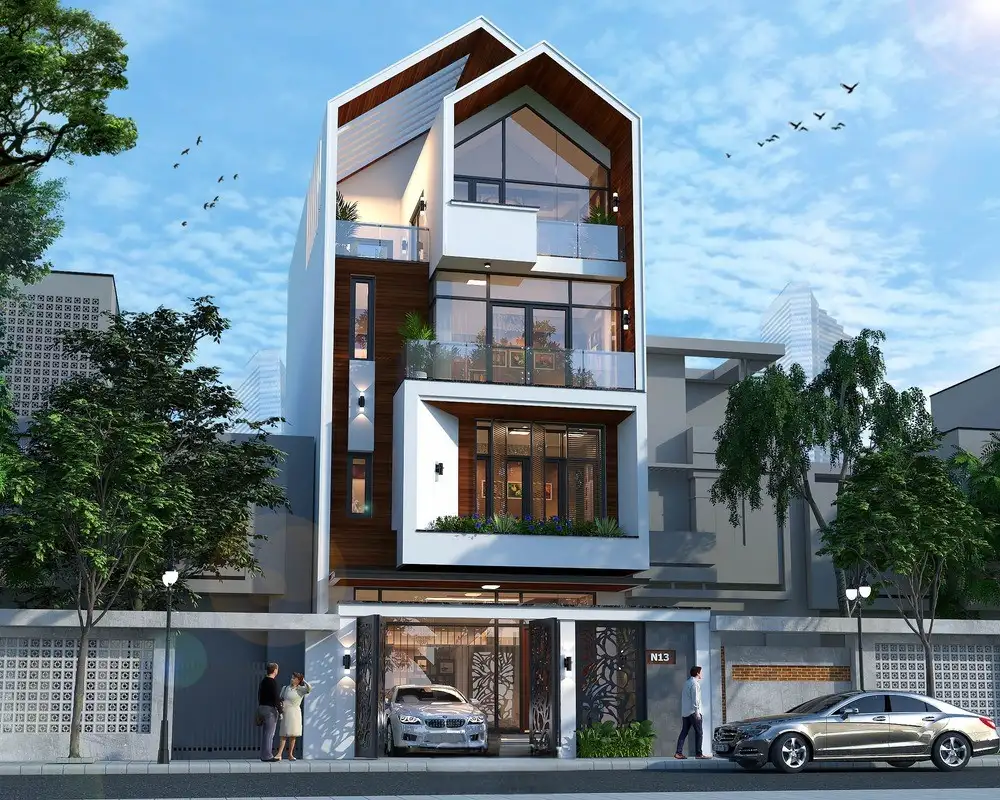 Thiết kế biệt thự 4 tầng phong cách hiện đại với khối hình vuông vắn, tinh giản nhưng đầy sang trọng.