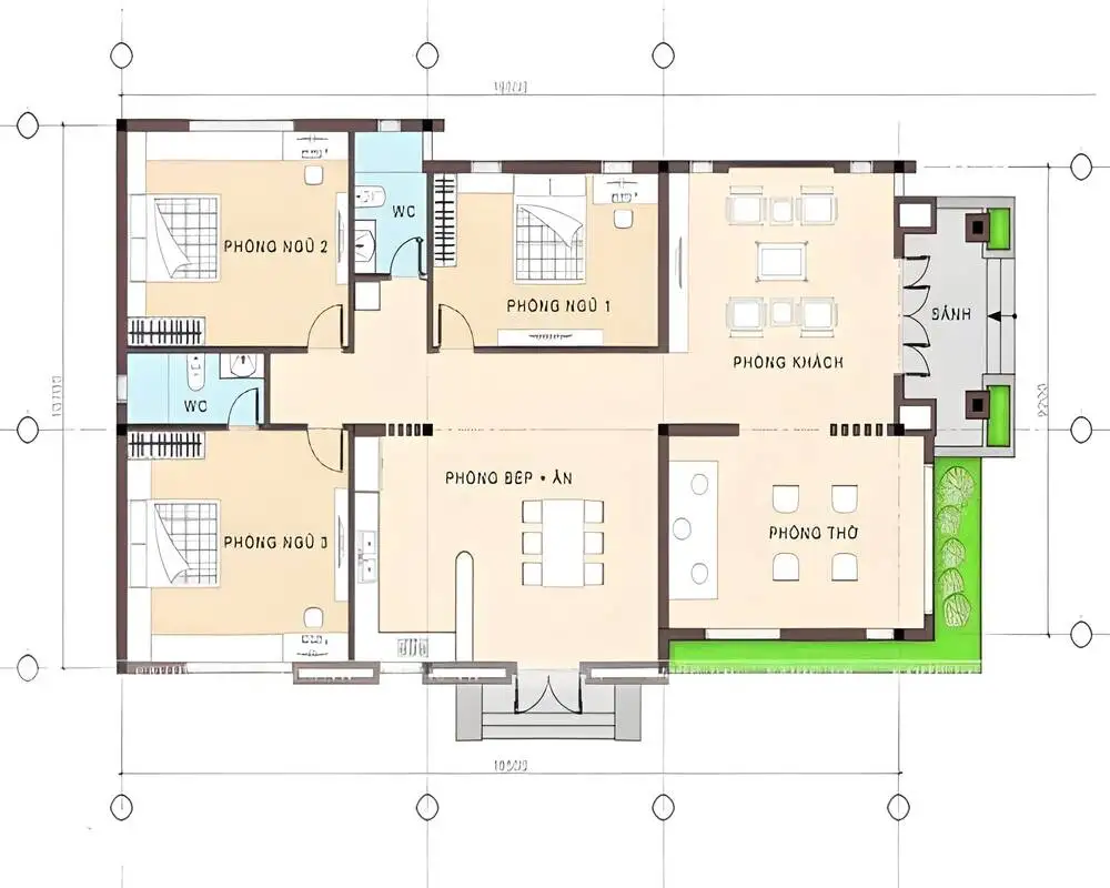 Bản vẽ bố trí công năng mẫu nhà cấp 4 3 phòng ngủ tiện nghi