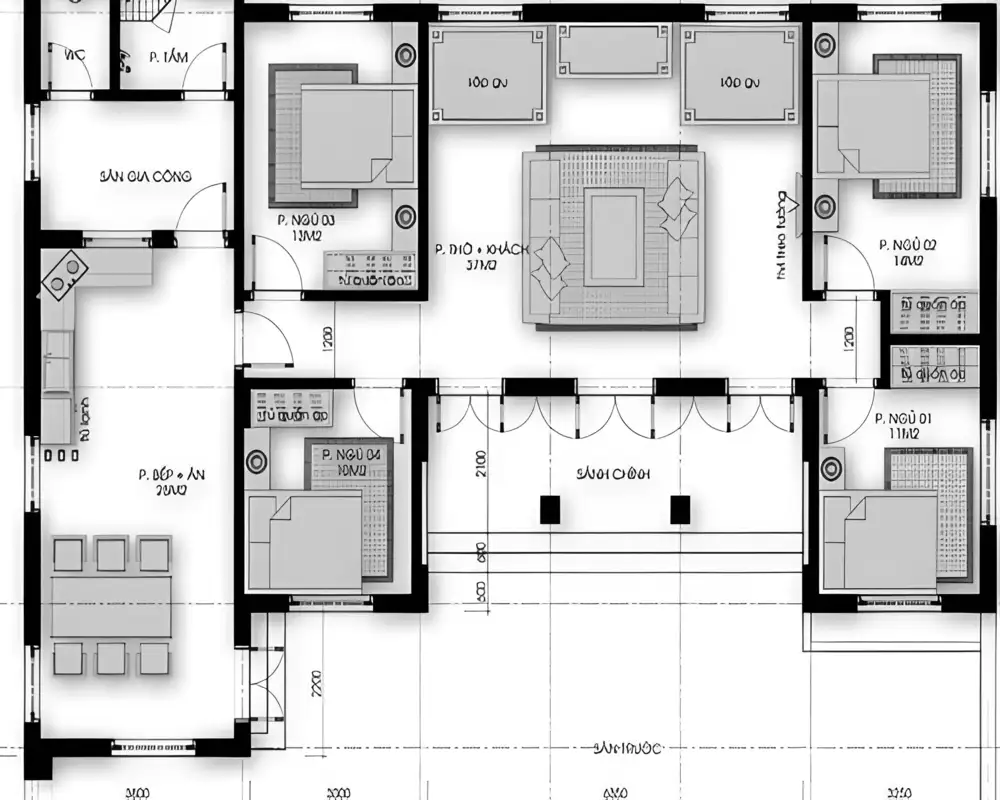Mẫu nhà cấp 4 chữ U 4 phòng ngủ với bản vẽ chi tiết
