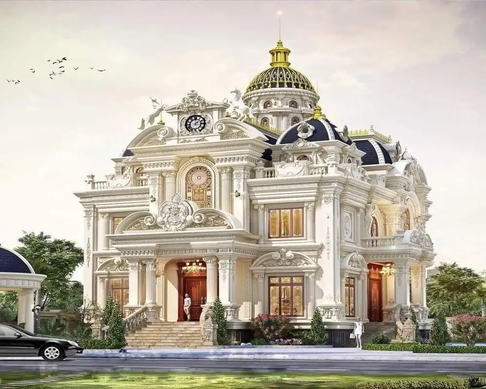 Không gian ngoại thất mẫu lâu đài 2 tầng cổ điển với phào chỉ tinh xảo.