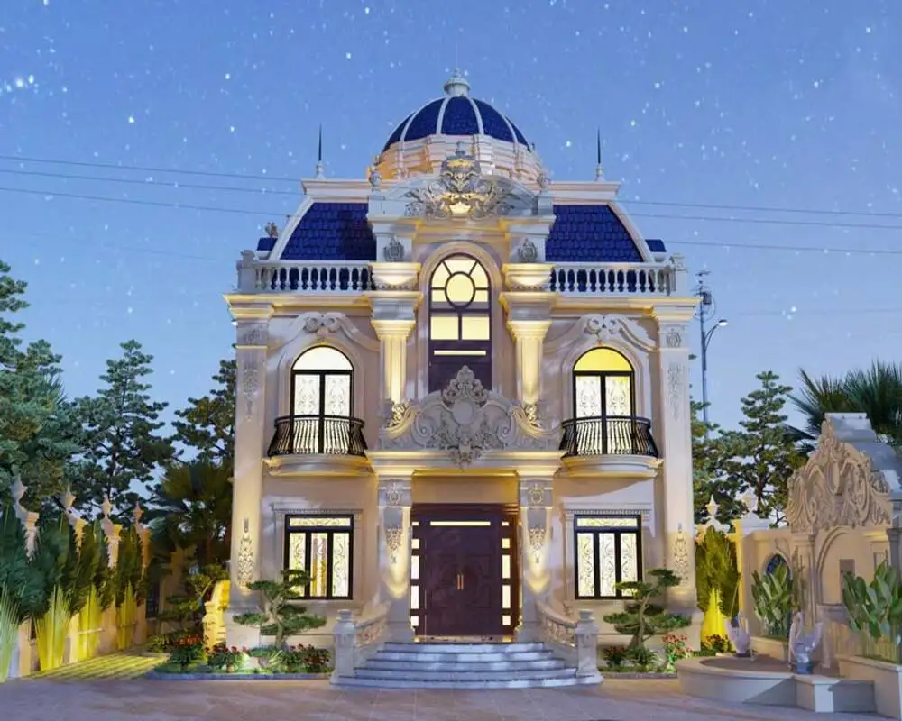 Lâu đài 2 tầng cổ điển mái Mansard xanh đậm, tôn lên sự quyền quý của công trình.