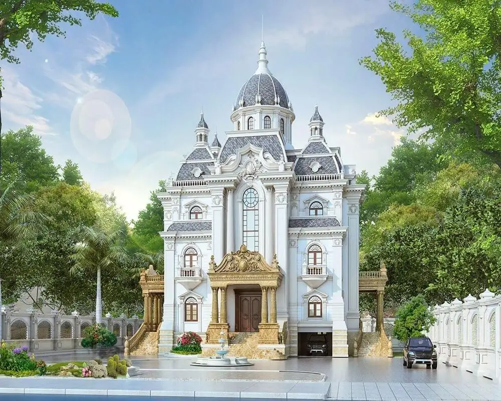 Mẫu nhà lâu đài 2 tầng phong cách cổ điển với chi tiết hoa văn nghệ thuật tinh tế.