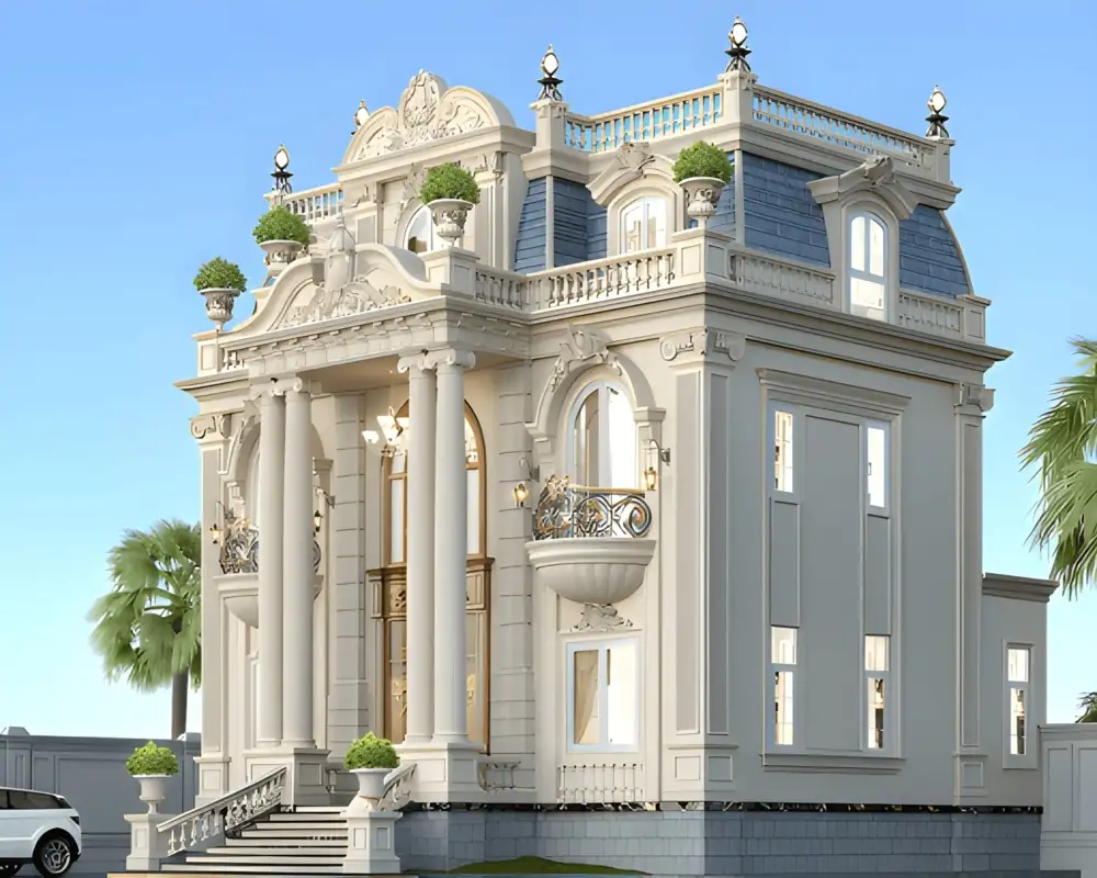 Mẫu lâu đài 2 tầng kiểu châu Âu với mặt tiền cân đối và sang trọng.