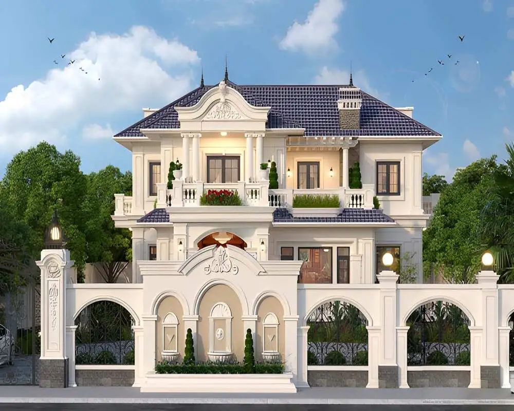 Thiết kế lâu đài 2 tầng châu Âu với hệ mái ngói dốc đặc trưng.