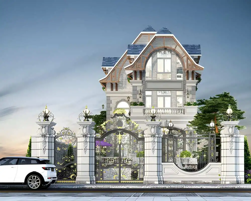 Lâu đài 2 tầng châu Âu nổi bật với cửa kính lớn đón ánh sáng tự nhiên.