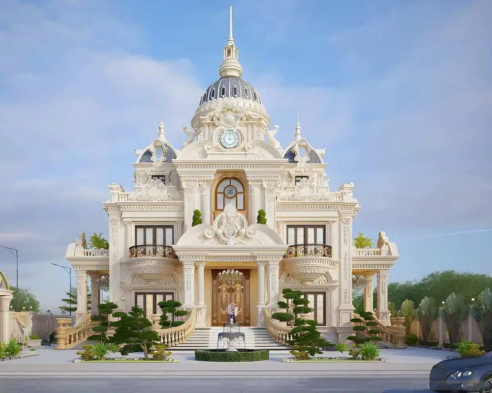 Mẫu lâu đài 2 tầng kiểu Pháp nổi bật với ban công hoa sắt nghệ thuật.