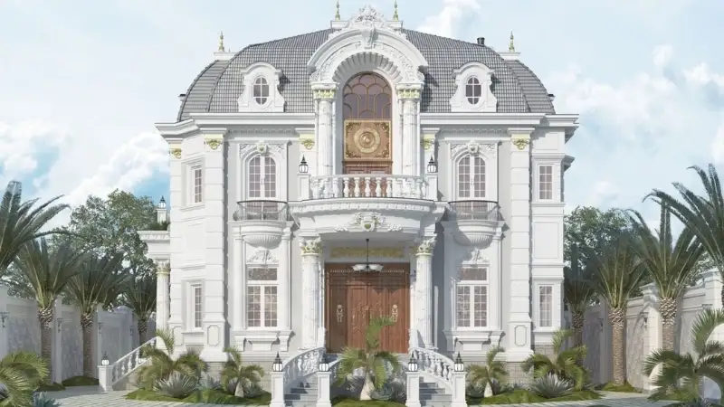 Lâu đài 3 tầng tân cổ điển với mặt tiền đối xứng tinh tế.