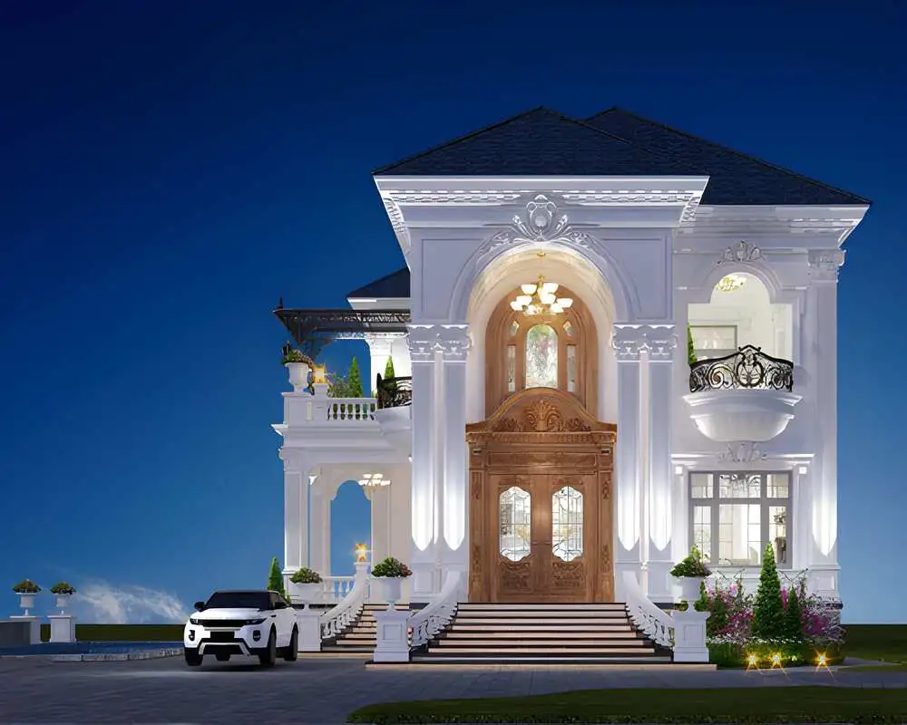 Mẫu nhà lâu đài 2 tầng 2 mặt tiền thể hiện sự sang trọng giữa khu đô thị.