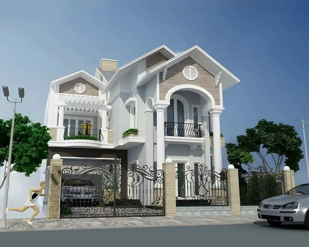 Mẫu nhà lâu đài 2 tầng có gara liền khối, tiện nghi và sang trọng.