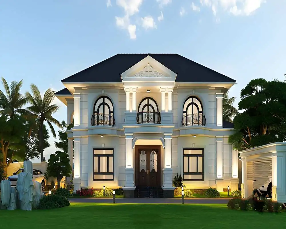 Biệt thự lâu đài 2 tầng có gara, tối ưu công năng và tính thẩm mỹ.