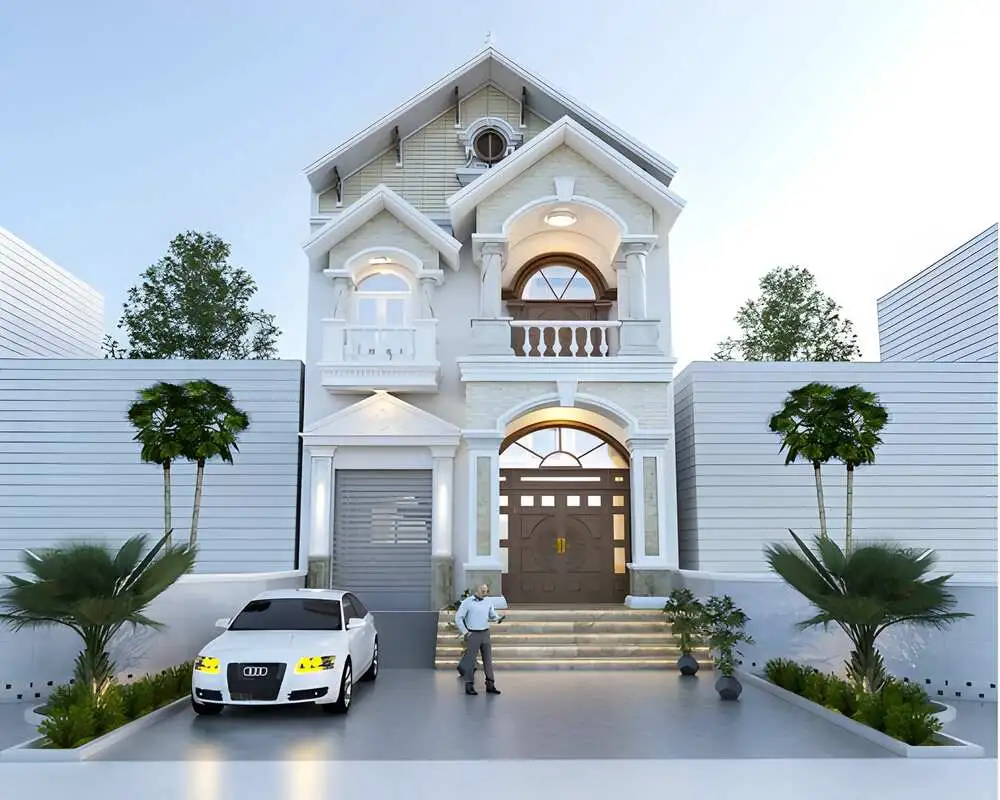 Kiến trúc lâu đài 2 tầng có gara, kết hợp hài hòa với tổng thể công trình.