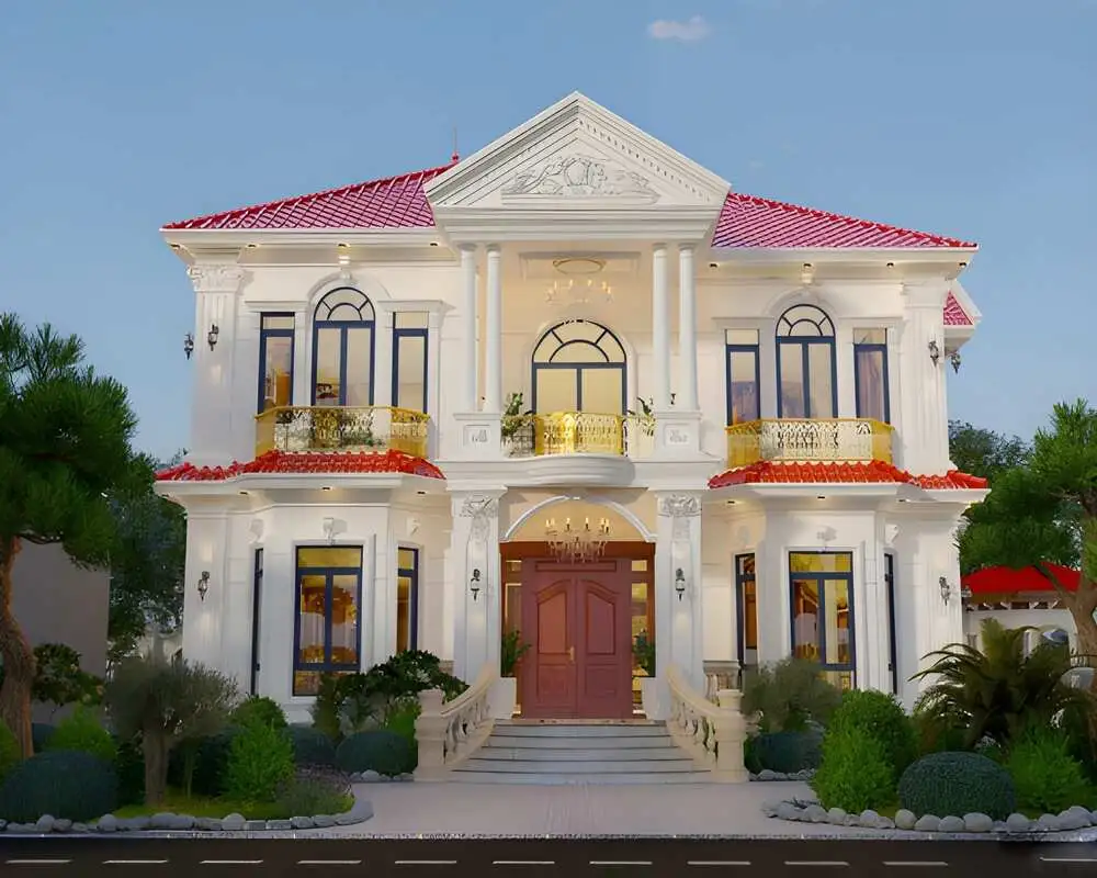 a white house with red roof