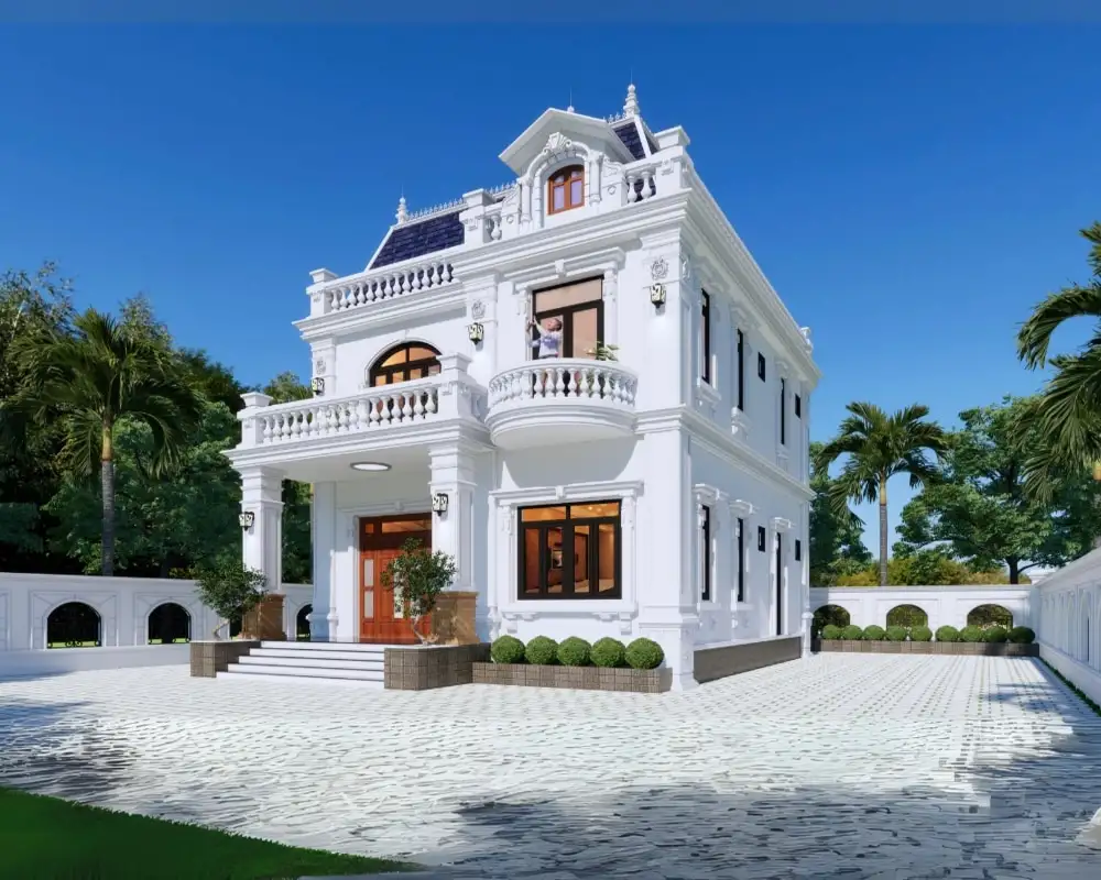Mẫu nhà lâu đài 2 tầng mái Mansard sang trọng, đậm chất kiến trúc châu Âu.