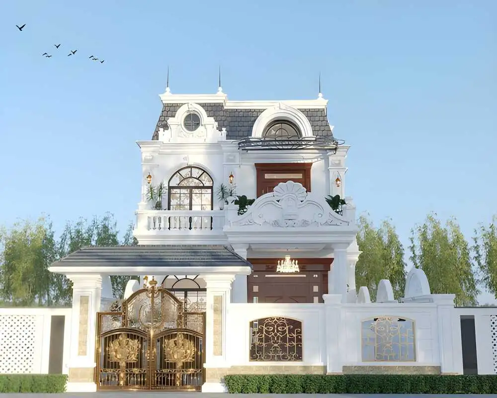 Kiến trúc lâu đài 2 tầng kiểu Pháp mái Mansard khẳng định vị thế gia chủ.