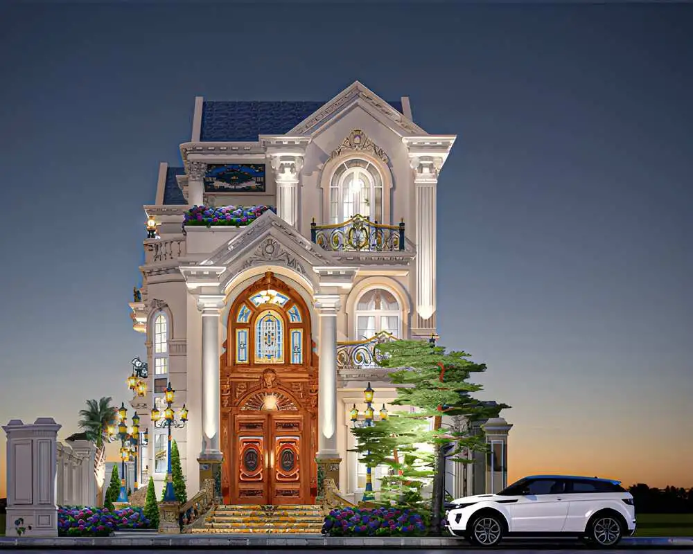 Biệt thự lâu đài 3 tầng góc phố sang trọng với hai lối vào chính.