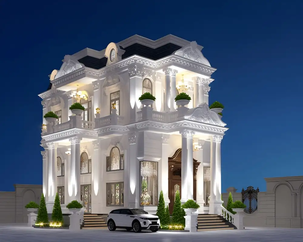Lâu đài 3 tầng 2 mặt tiền nguy nga với hệ thống cửa kính đối xứng.