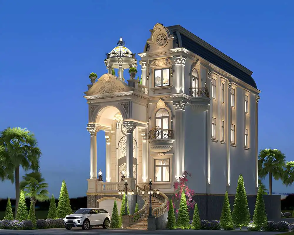 Công trình lâu đài có gara thiết kế hài hòa cùng mặt tiền.